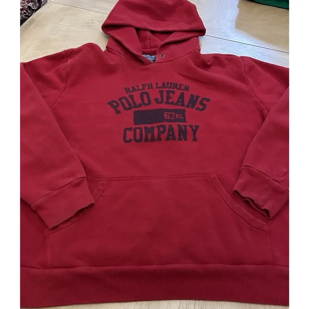 VTG RARE Polo Ralph Lauren Hoodie Sweatshirt Oversize Red DEADSTOCK 90s Label XL